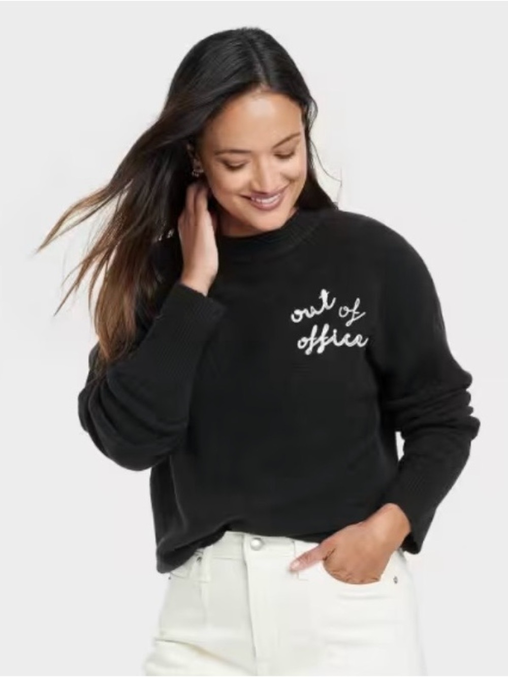 Out of Office Black Crewneck Sweater with White Script